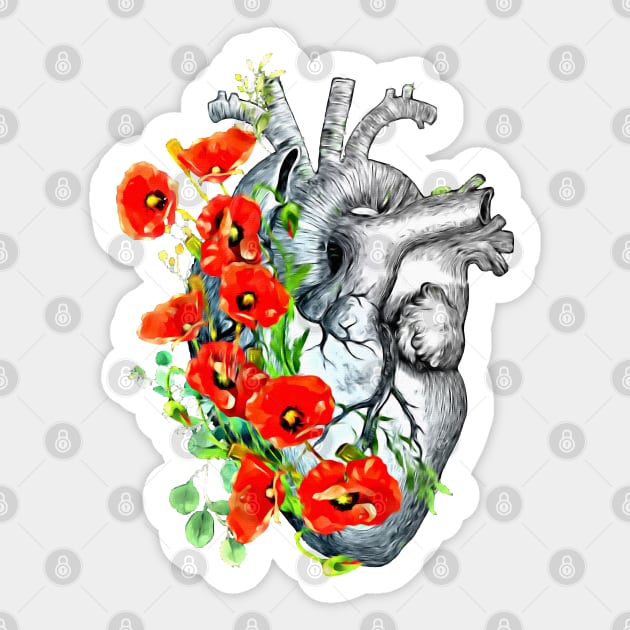 Human heart, poppies plant lovers, Heart ,anatomical Human heart Sticker by Collagedream